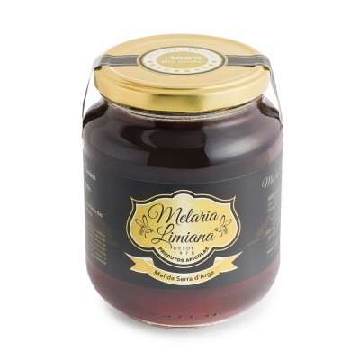Frasco de vidro com mel Melaria Limiana e tampa dourada