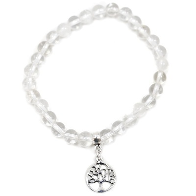 Pulseira de Quartzo Cristal Com Árvore da Vida de Prata