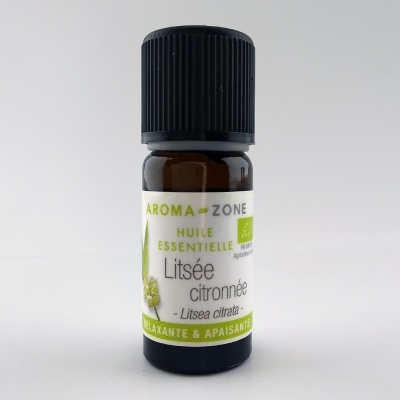 Frasco de óleo essencial Litsee citronée da Aroma-Zone em vidro castanho com tampa preta