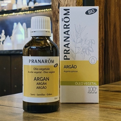 Frasco de óleo vegetal Pranarôm Argan e caixa junto