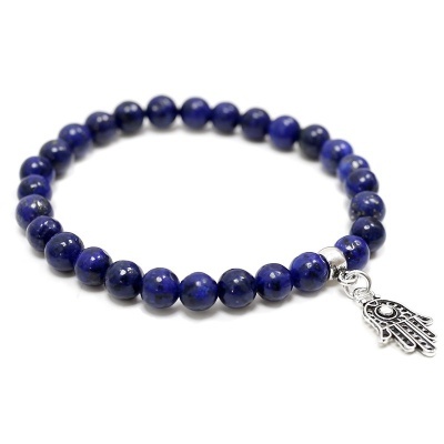 Pulseira de Lápis-Lazúli Com Mão de Fátima de Prata