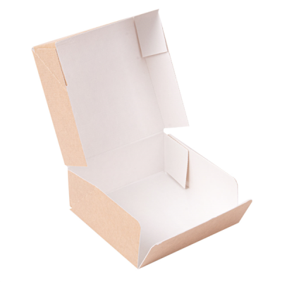 Caixa de papelão branca e castanha aberta