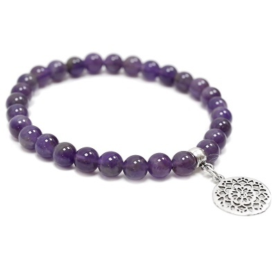 Pulseira de Ametista Com Mandala de Prata