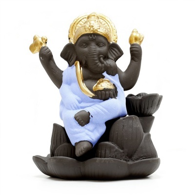 Estatueta de Ganesha castanho escuro com dourado e túnica azul