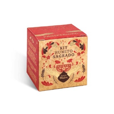 Caixa colorida com texto KIT HUMITO SAGRADO e decoração floral
