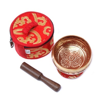 Conjunto para tigela tibetana dourada e estojo de transporte vermelho com padrão dourado