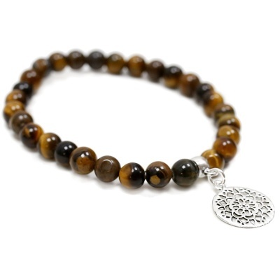 Pulseira de Olho de Tigre Com Mandala de Prata