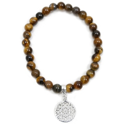 Pulseira de Olho de Tigre Com Mandala de Prata