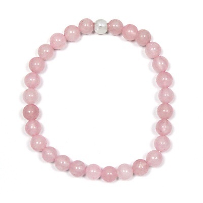 Pulseira de Quartzo Rosa Com Pérola de Prata