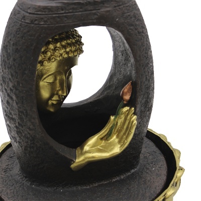 Escultura decorativa Buda preto e dourado com mão e flor de lótus