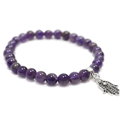 Pulseira de Ametista Com Mão de Fátima de Prata