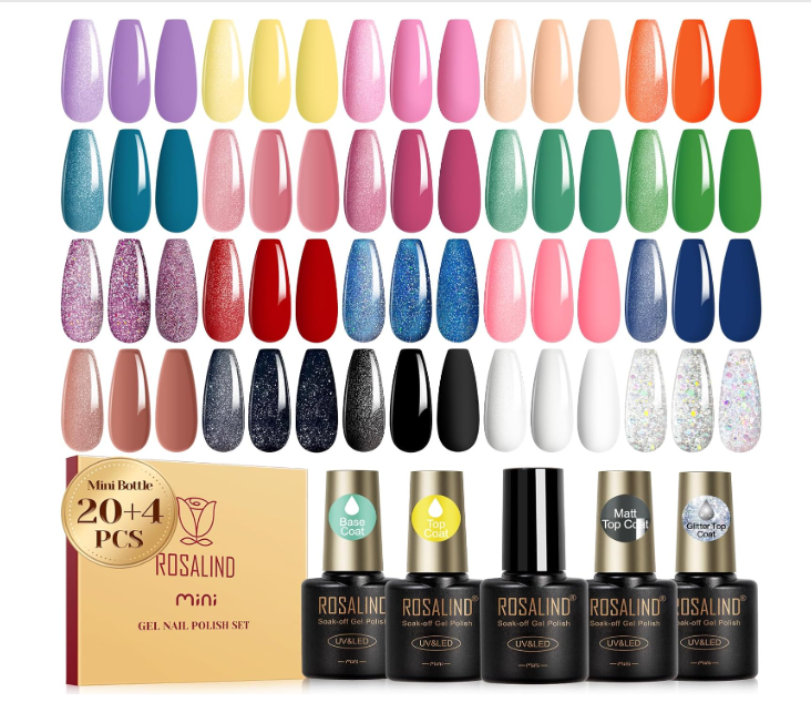 Conjunto de vernizes em gel Rosalind com várias cores e quatro garrafas mini.