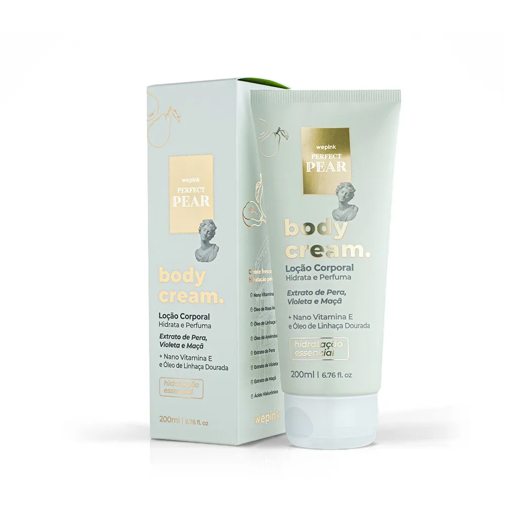 Loção corporal Wepink Perfect Pear body cream com embalagem e tubo claros e texto dourado