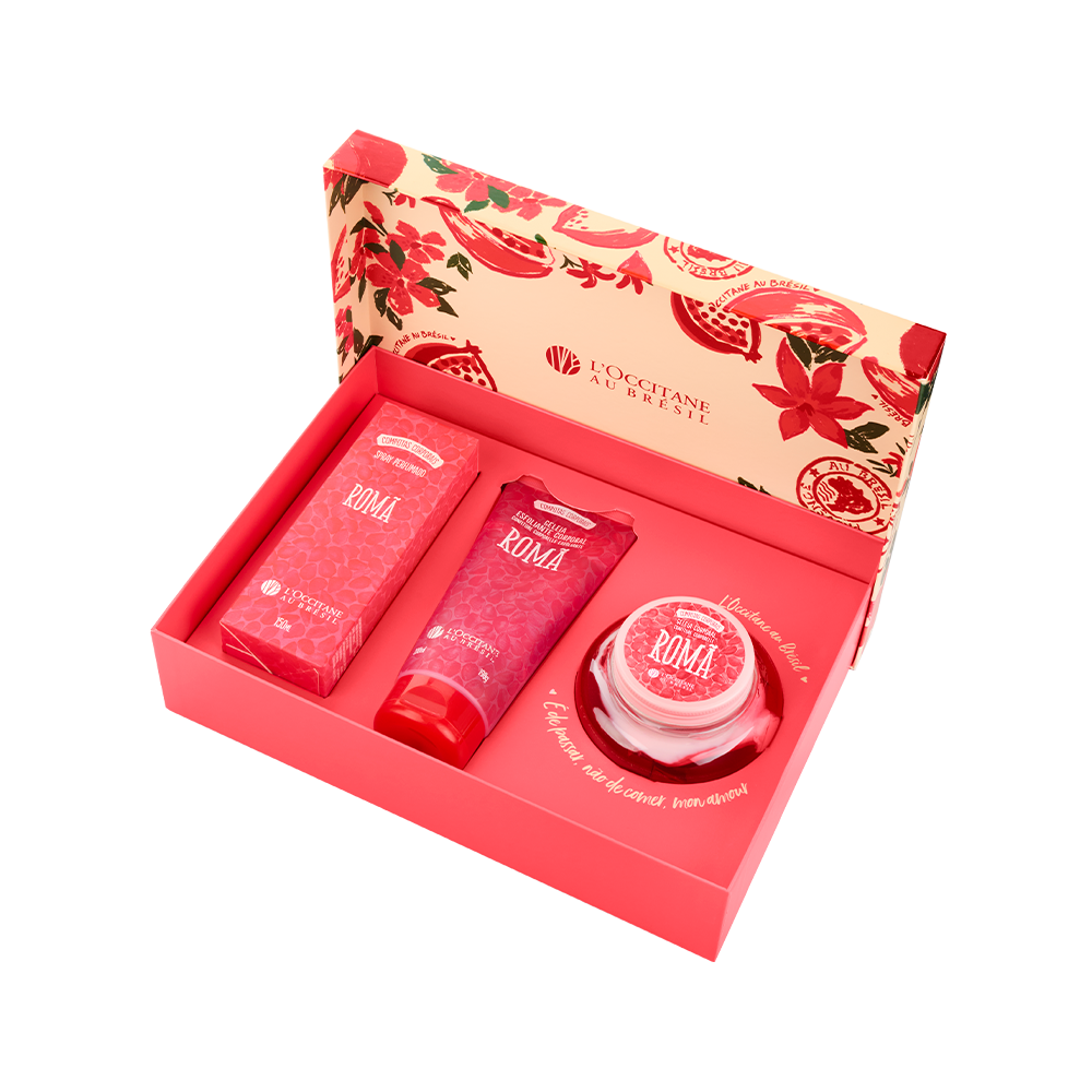 Conjunto de cosméticos LOccitane au Brésil, edição Romã, com três produtos em caixa vermelha decorada