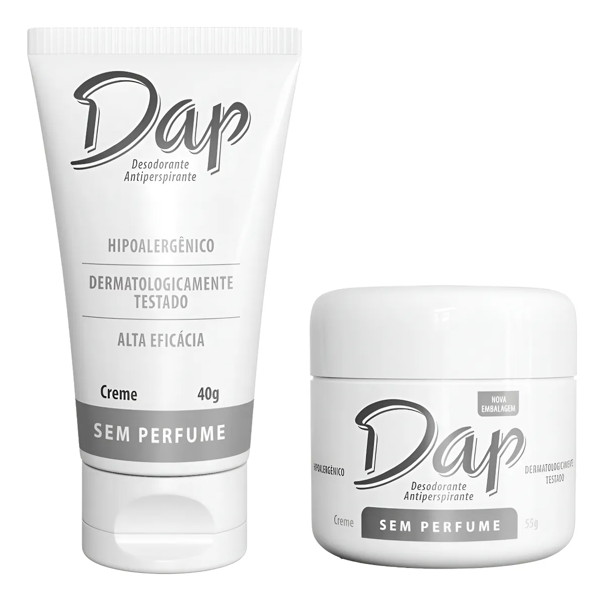 Dois desodorantes antitranspirantes Dap em creme, embalagem branca, texto SEM PERFUME