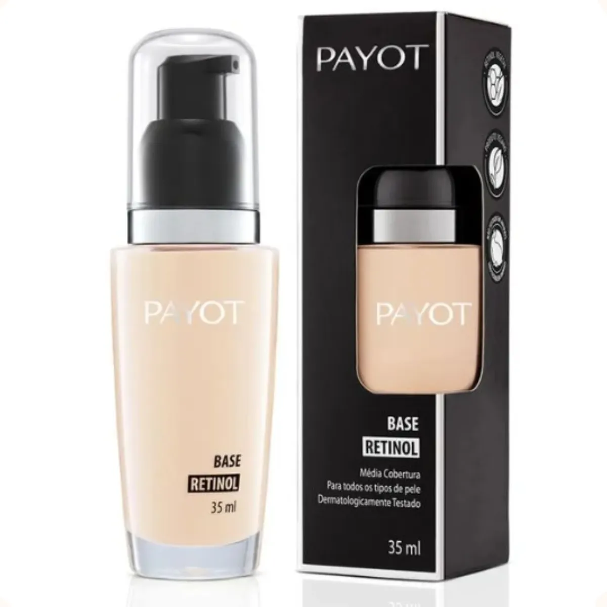 Base líquida PAYOT com doseador e embalagem preta com texto