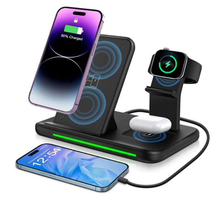 Carregador 4 em 1 – Smartwatch + Fones + Telemóvel + Relógio