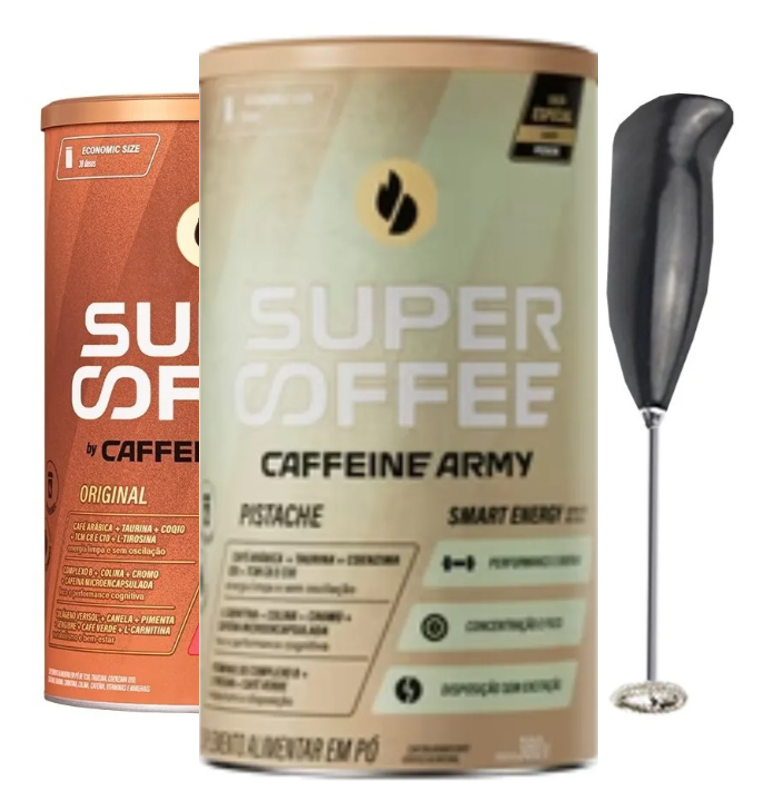 Kit Caffeine Army Super Coffee 380g - 1 Original + 1 Pistache + Mini Mixer