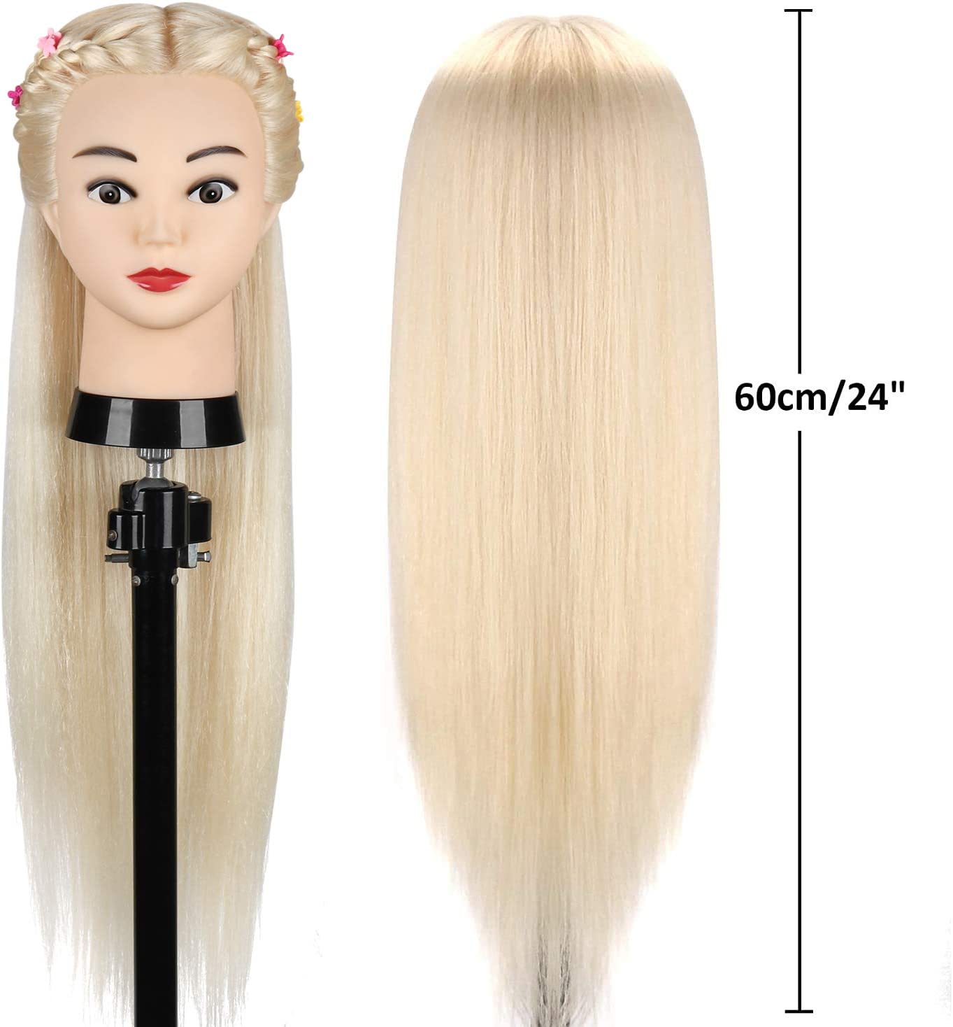 Cabeça de Manequim Top 70% Cabelo Real com Suporte de Mesa + Acessórios