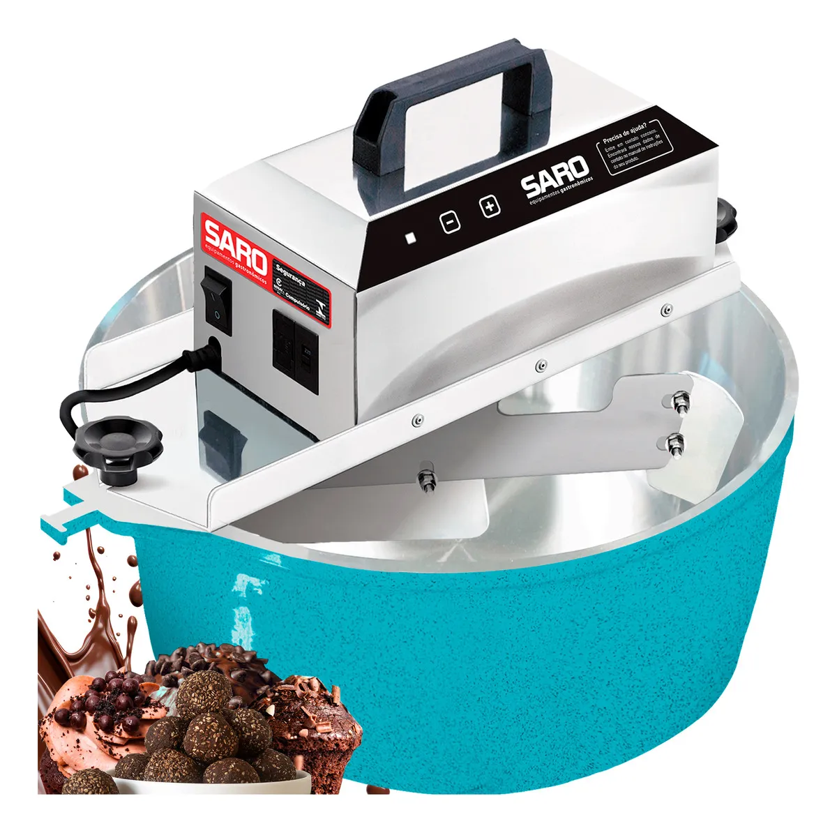 Máquina industrial de confeitar ou misturar azul e prateada da marca SARO com sobremesas ao lado