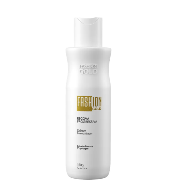Frasco branco de produto capilar Fashion Gold Escova Progressiva