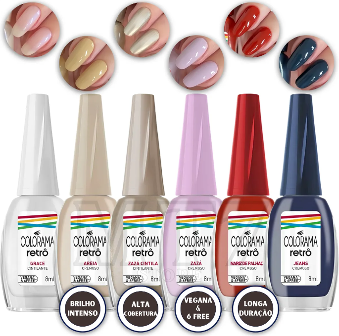 Kit Esmalte Colorama Retrô 6 Cores Clássico Cremoso Cintila