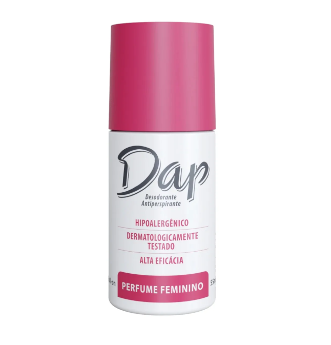 Desodorizante antiperspirante Dap com tampa rosa e texto em cinza e rosa