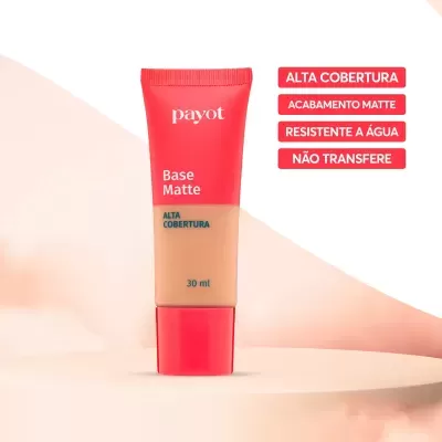 Tubo de Base Matte da Payot com indicações de alta cobertura, acabamento matte, resistente à água e não transfere