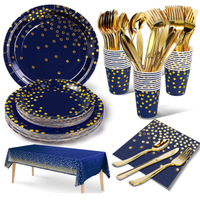 Kit de Festa, 141 Peças Reutilizável Azul Marinho Pontos Dourados