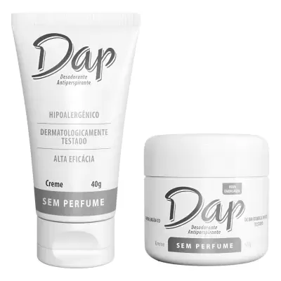 Dois desodorantes antitranspirantes Dap em creme, embalagem branca, texto SEM PERFUME