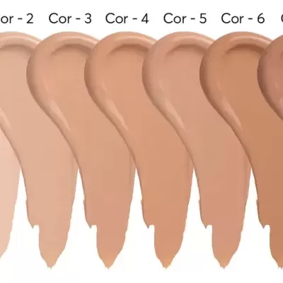 Amostras de maquilhagem líquida em sete tons, identificado de Cor - 1 a Cor - 7