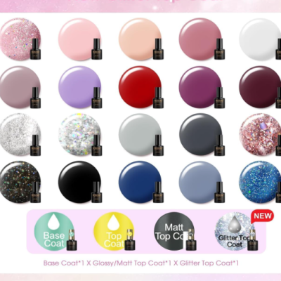 Kit 24 Vernizes em Gel Roxo Vermelho Cinza Preto Azul, Base, Top Coat Mate e Glitter ✅PRONTA ENTREGA