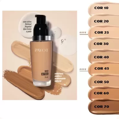 Frasco de base líquida PAYOT Base Retinol com amostras de cores variadas