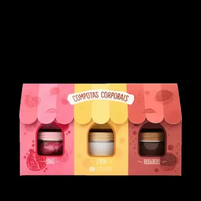 Conjunto de compotas corporais em frascos pequenos dentro de embalagem colorida