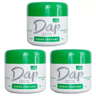 Três frascos de desodorizante antitranspirante Dap com tampa verde e corpo branco