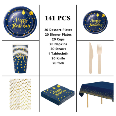 Kit&#x20;de&#x20;Festa,&#x20;141&#x20;Pe&#x00E7;as&#x20;Reutiliz&#x00E1;vel&#x20;Azul&#x20;Marinho&#x20;Pontos&#x20;Dourados