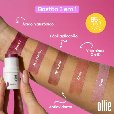 Ollie Bastão 3 Em 1 Fps 95 Blush, Batom E Sombra