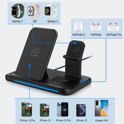 Carregador 4 em 1 – Smartwatch + Fones + Telemóvel + Relógio