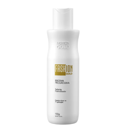 Frasco branco de produto capilar Fashion Gold Escova Progressiva