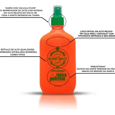 Frasco laranja com tampa verde e rótulo verde com texto e símbolos