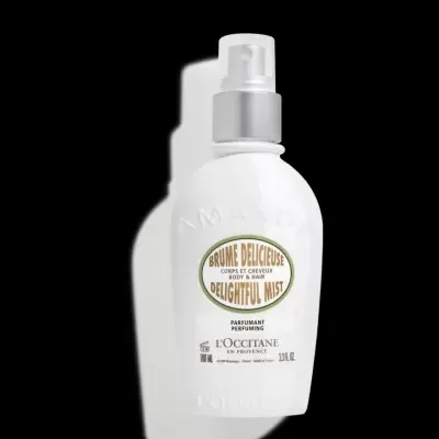 Frasco branco de spray LOCCITANE Delightful Mist para corpo e cabelo