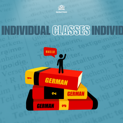 Livros vermelhos com etiquetas amarelas numeradas e boneco a acenar com texto INDIVIDUAL CLASSES