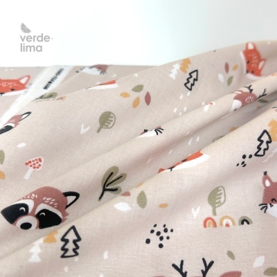 Tecido de Algodão - Animais do bosque fundo areia