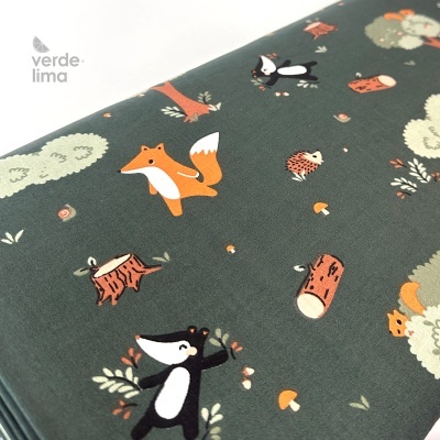 Tecido de Algodão - Animais do bosque fundo verde