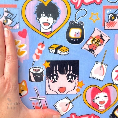 Tecido Plastificado - Kawaii - fundo violeta