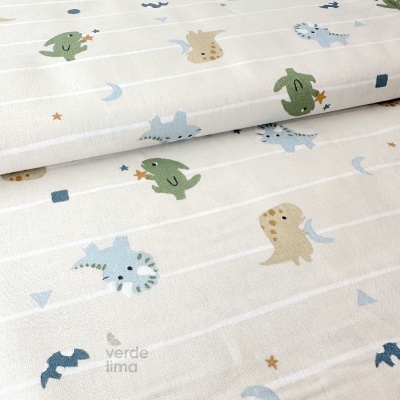 Tecido de Algodão - Baby dinossaur - Riscas fundo creme