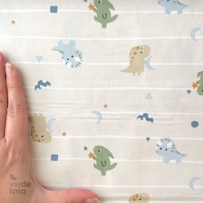 Tecido de Algodão - Baby dinossaur - Riscas fundo creme