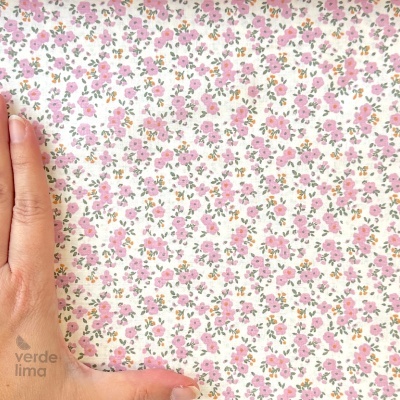 Tecido de Algodão - Flores lilás fundo creme