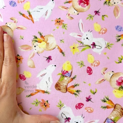 Tecido de Algodão - Hoppy Easter - Coelhinhos fundo rosa