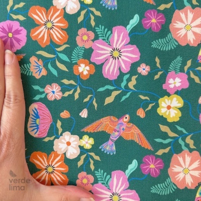 Tecido de Algodão - Songbird - Pássaros e flores fundo verde
